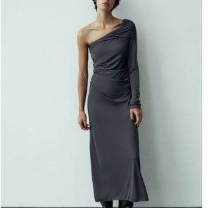 ZARA Gray One Shoulder Long Sleeve Draped Dress XS NWT